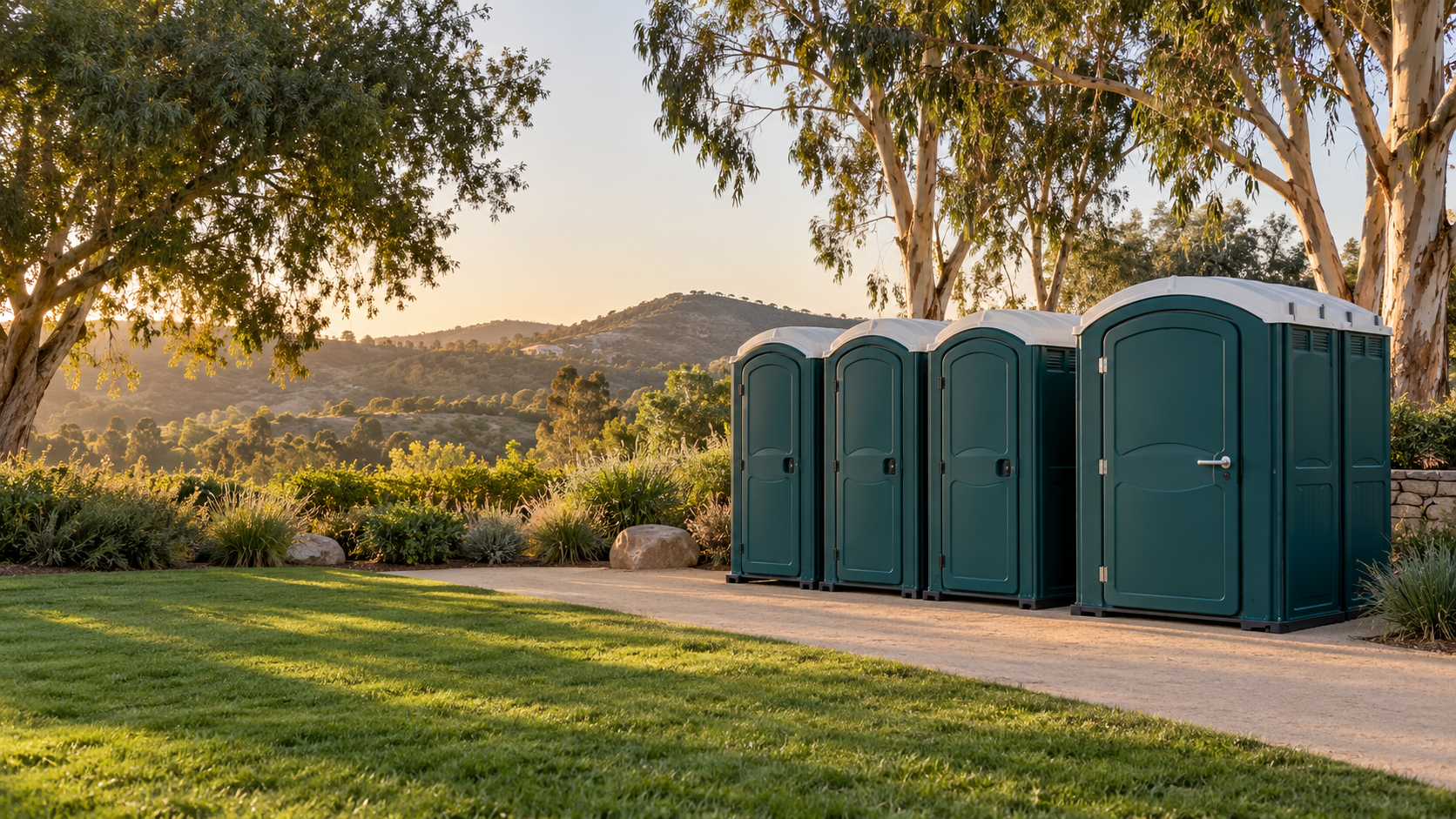 Portable restroom units at an outdoor gathering in Southern California